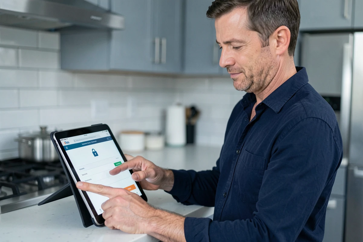 Homme consultant une page de paiement sécurisé sur tablette dans une cuisine moderne
