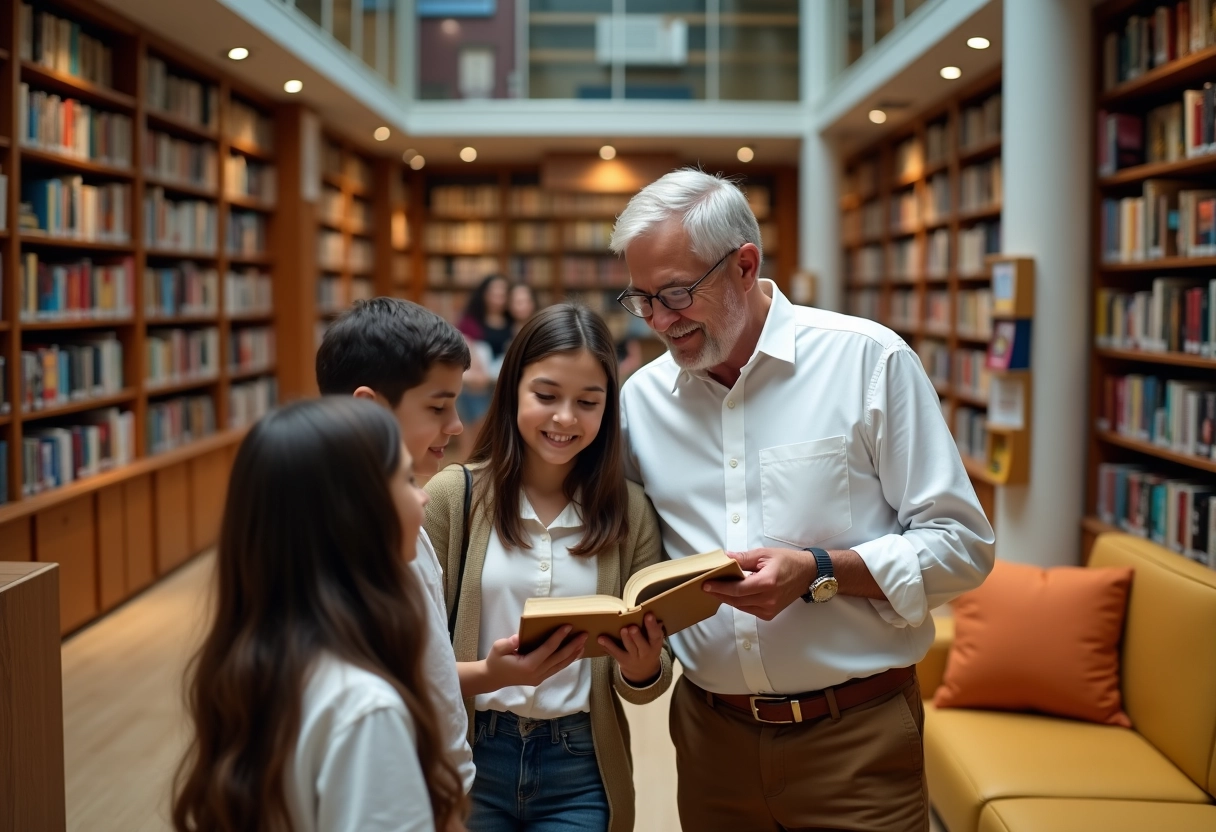 Homme discutant avec des adolescents près d une installation livre
