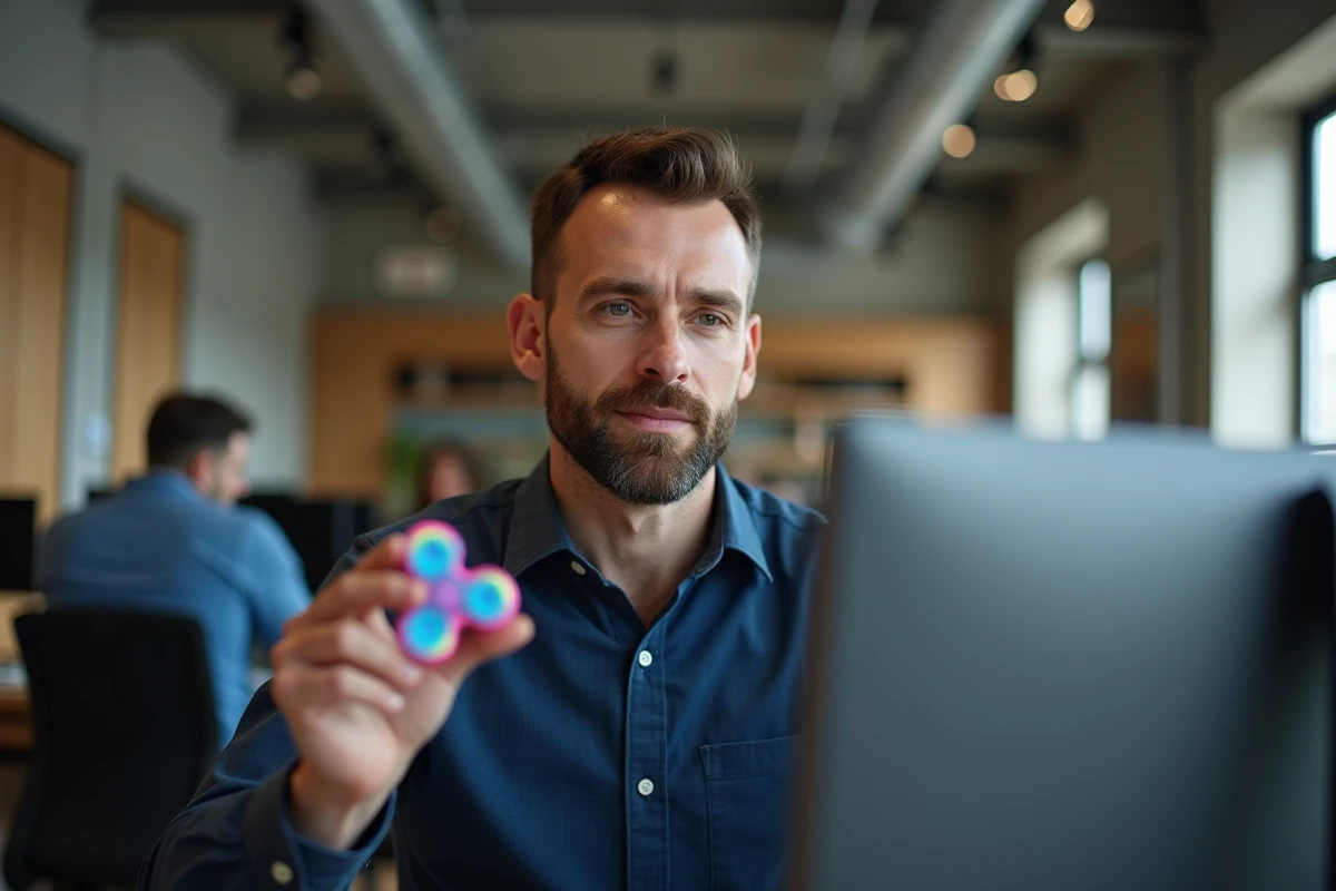 Homme en open space tenant une toupie Google et réfléchissant à son utilité pour se concentrer au bureau