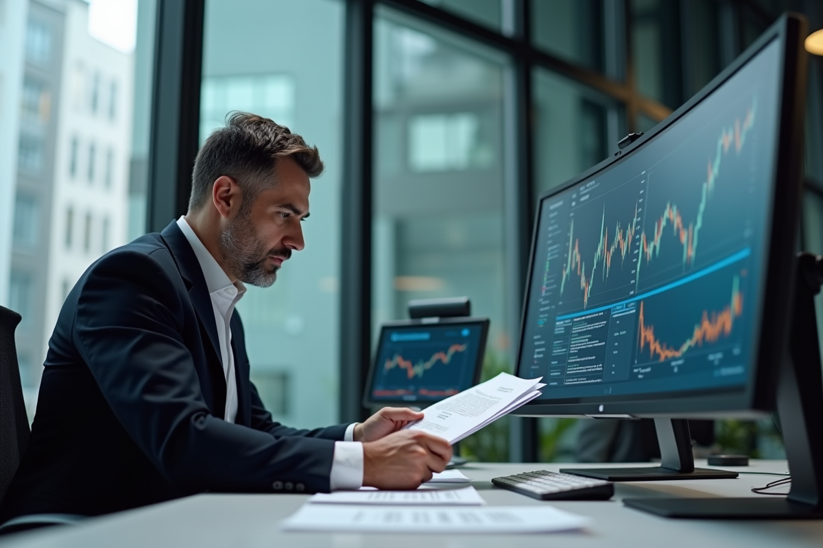 Homme en costume examinant documents et écran blockchain