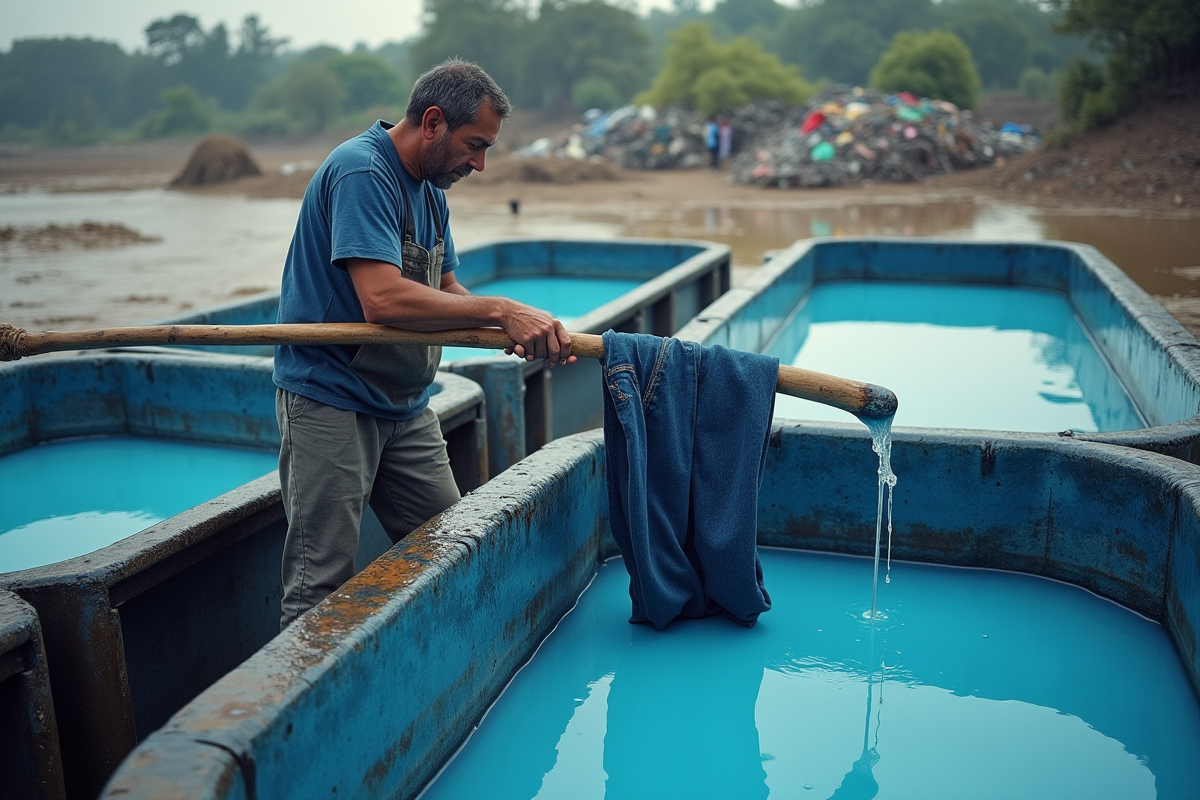 Homme mélangeant des jeans dans un bain d indigo en extérieur