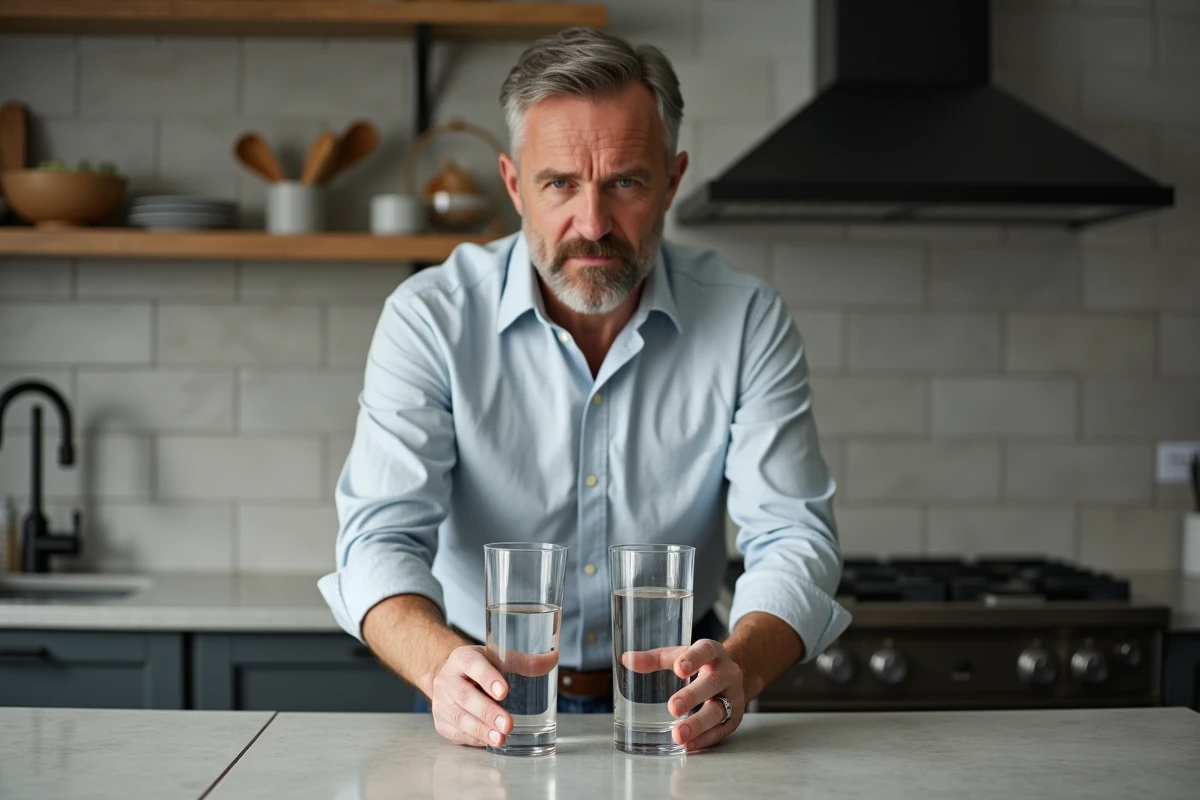Homme hésitant entre deux verres d