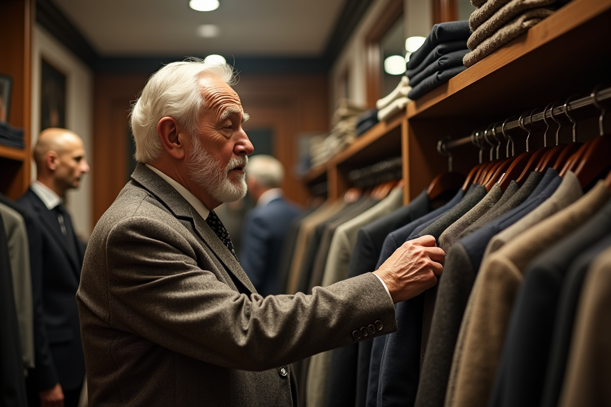 Homme âgé regardant des vêtements dans une boutique