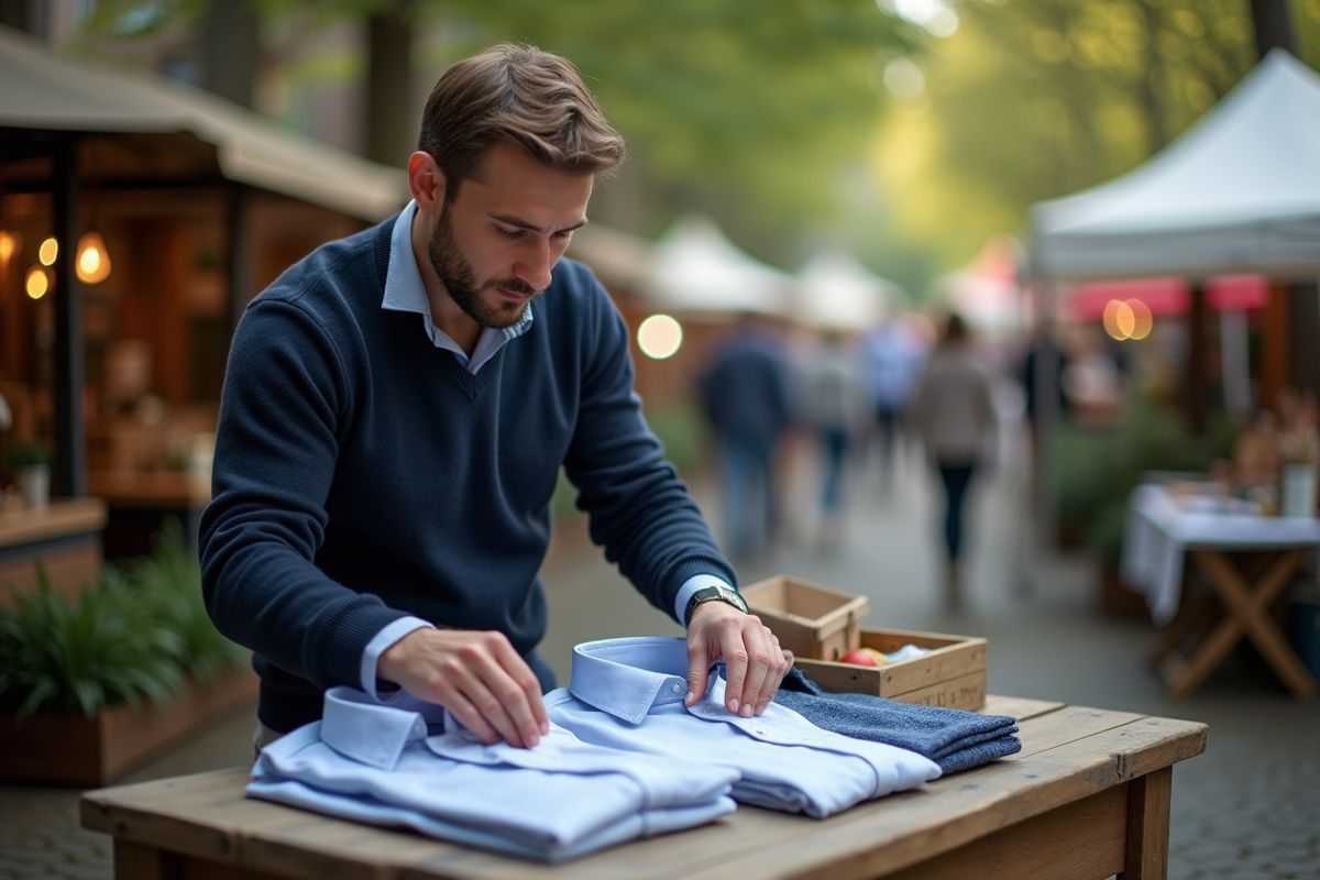 Jeune homme compare deux chemises dans un marché en plein air