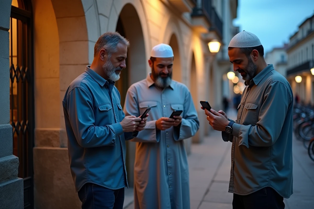 Groupe d'hommes musulmans vérifiant les horaires de prière devant une mosquée à Montpellier au coucher du soleil pendant le ramadan