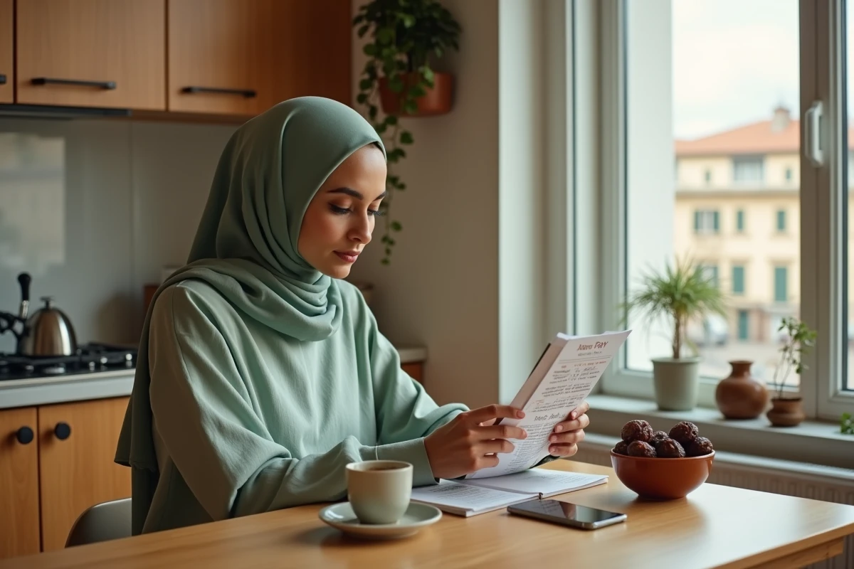 Jeune femme musulmane consultant un horaire de prière du ramadan à Montpellier avec son smartphone et un thé à la menthe