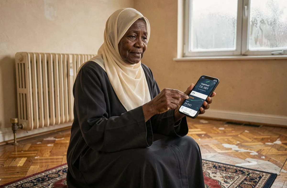 Femme consultant les horaires de prière icha et fajr sur smartphone à Argenteuil en hiver