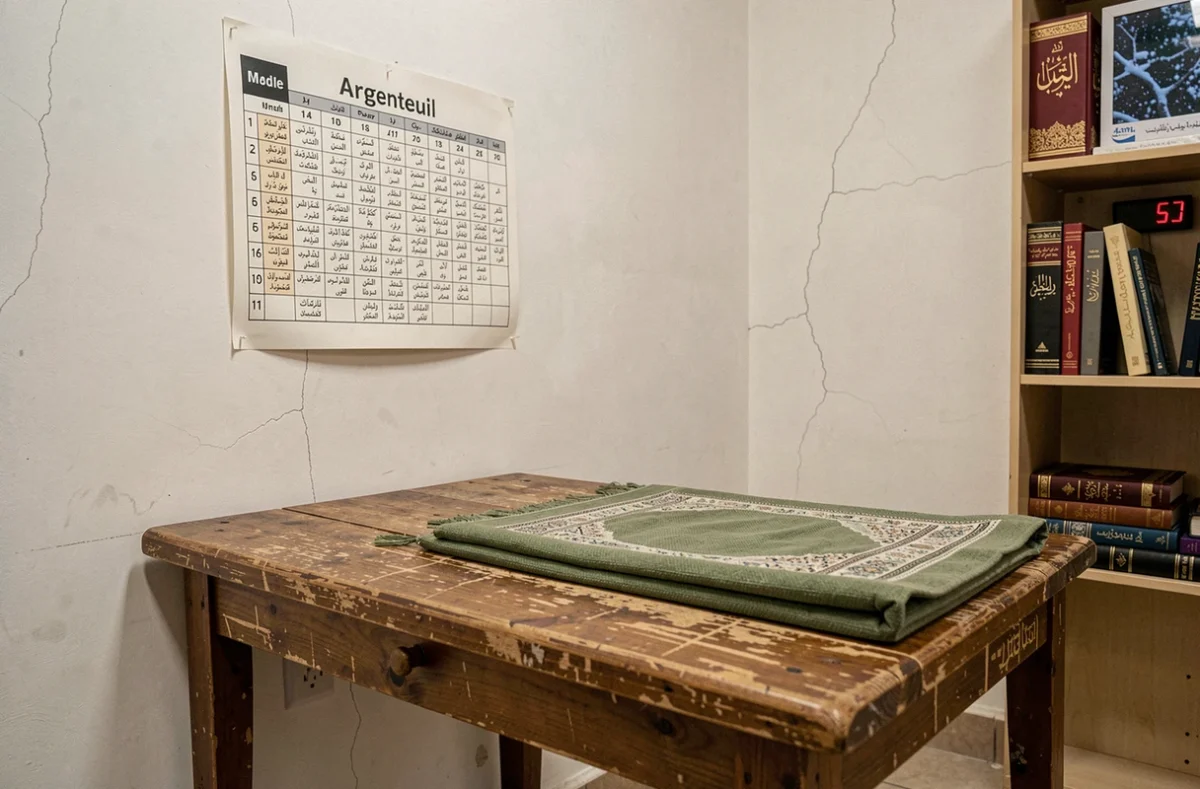 Tableau des horaires de prière d'Argenteuil affiché dans une salle de prière en hiver