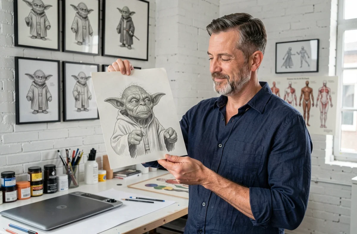 Illustrateur professionnel tenant un dessin au crayon de Yoda dans son atelier d'art avec des références de personnages en arrière-plan