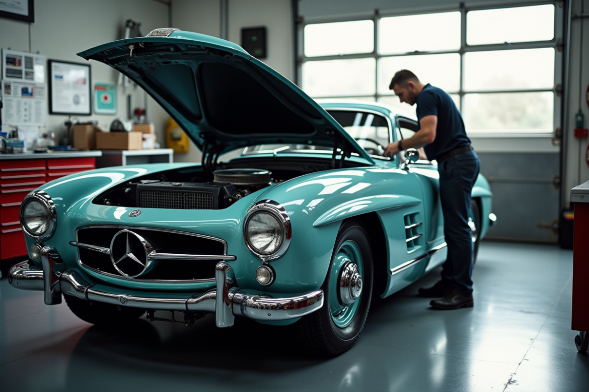 Voiture vintage en inspection dans un garage moderne