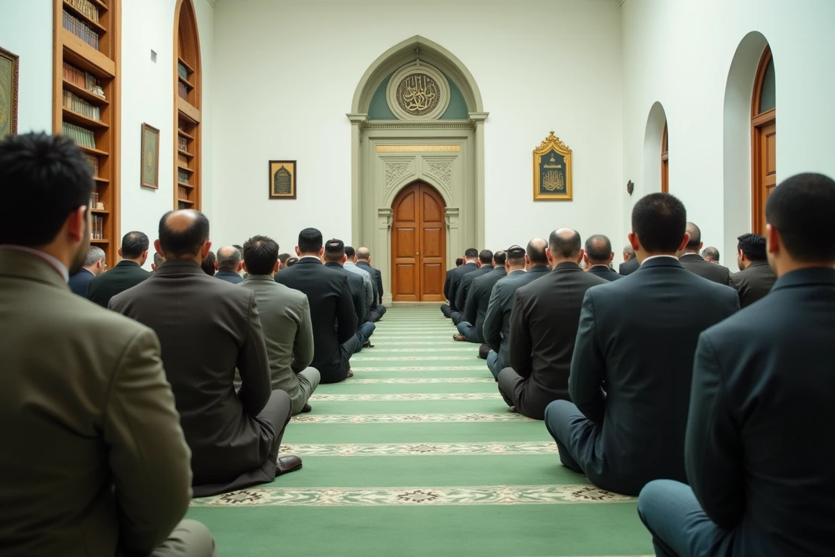 Fidèles en prière alignés dans une mosquée du centre-ville de Toulouse