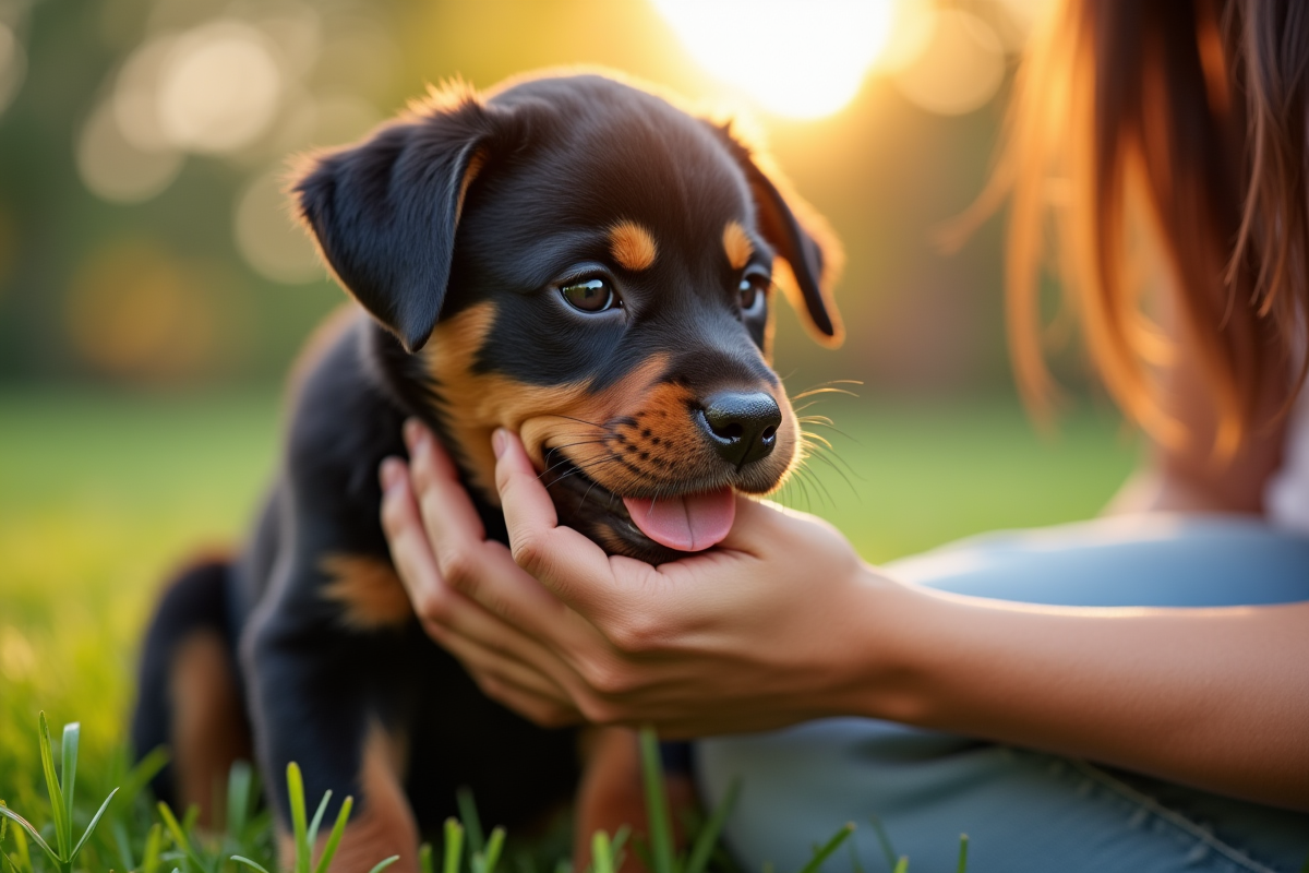 Personne jouant avec un chiot rottweiler dans le jardin