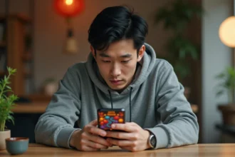 Homme jouant au jeu Google de l'Année du Serpent sur smartphone avec décoration du Nouvel An chinois