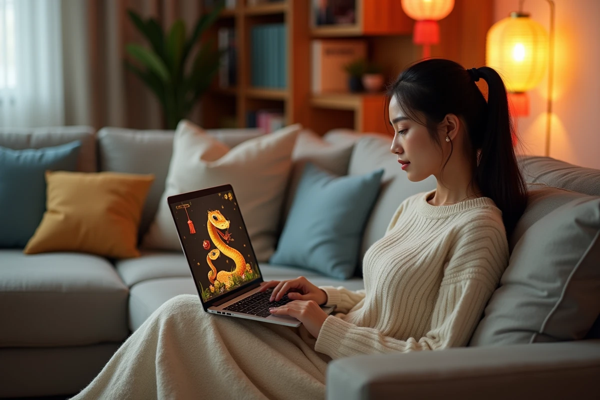 Femme jouant au jeu du Serpent sur ordinateur portable dans un salon décoré pour le Nouvel An chinois