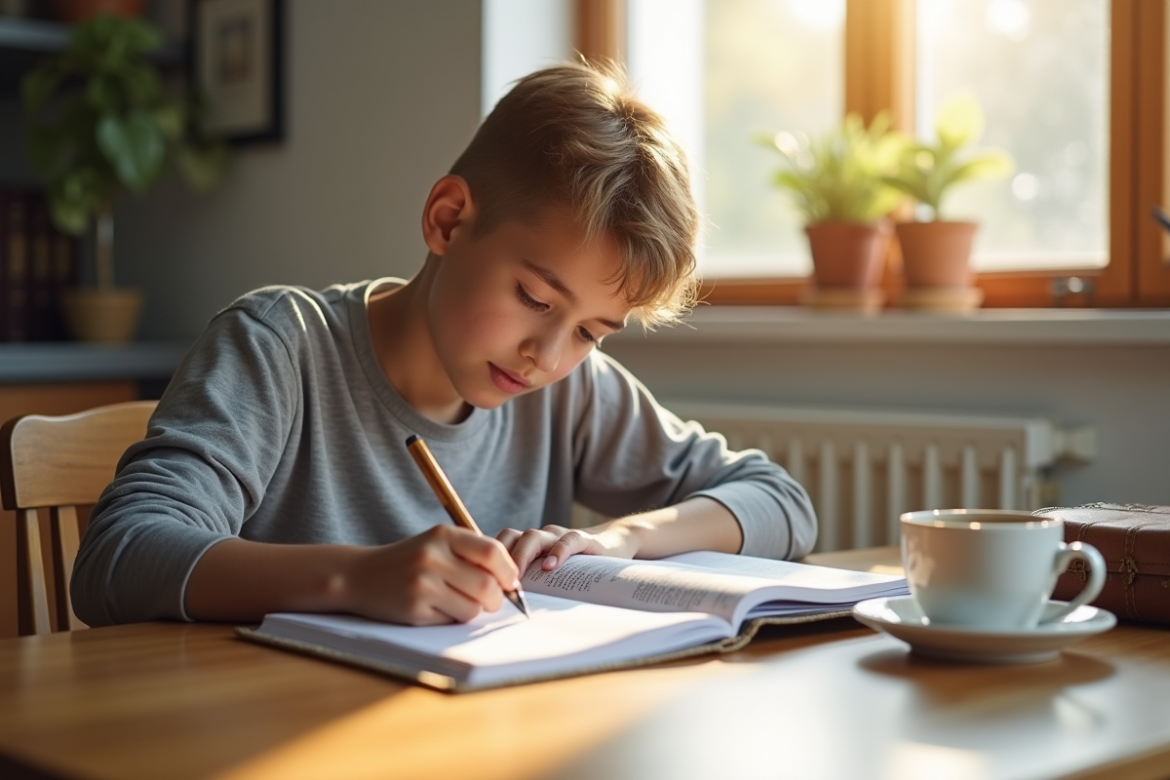 Jeune adulte écrivant dans un cahier avec un livre de grammaire