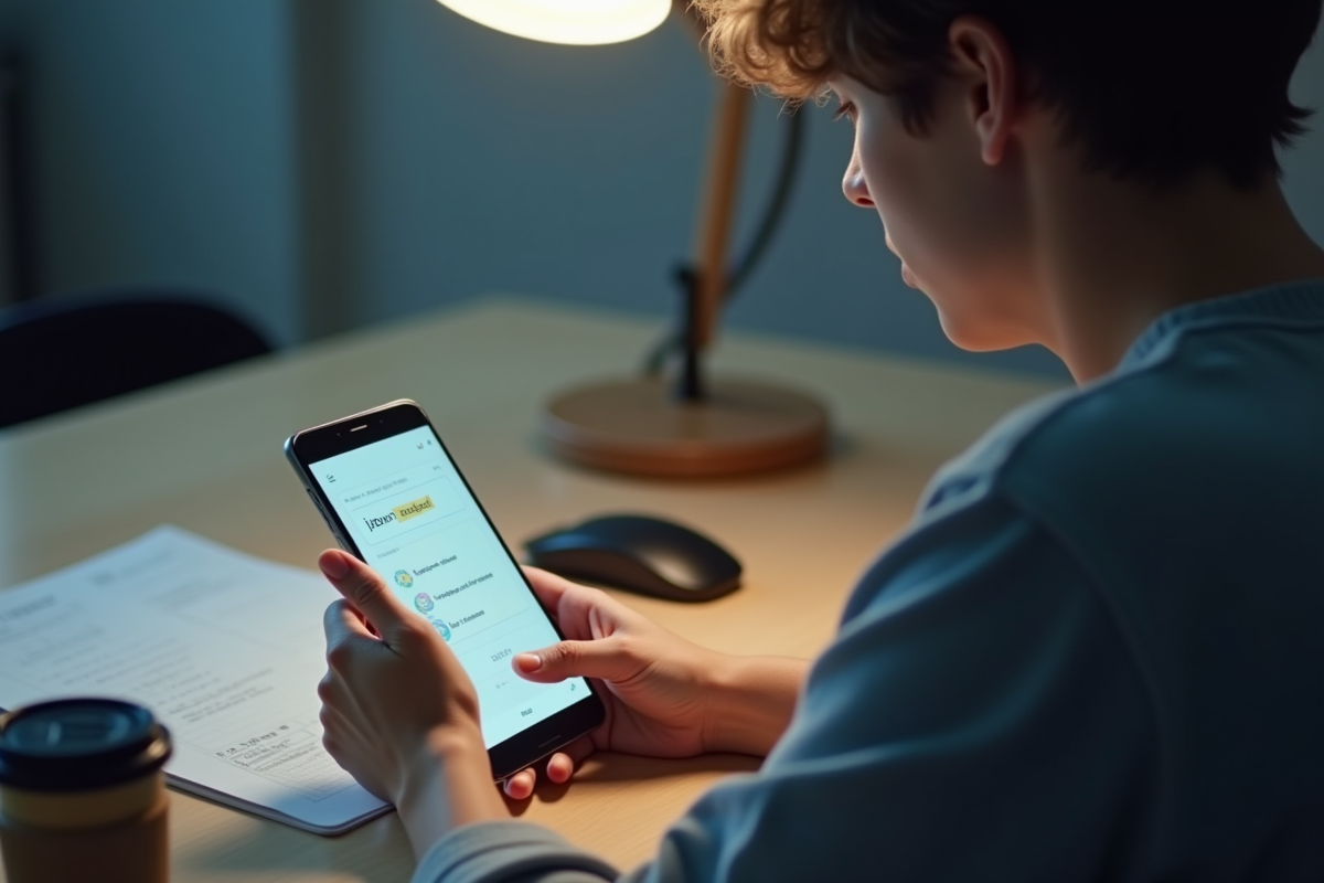 Jeune adulte étudiant seul avec application de flashcards