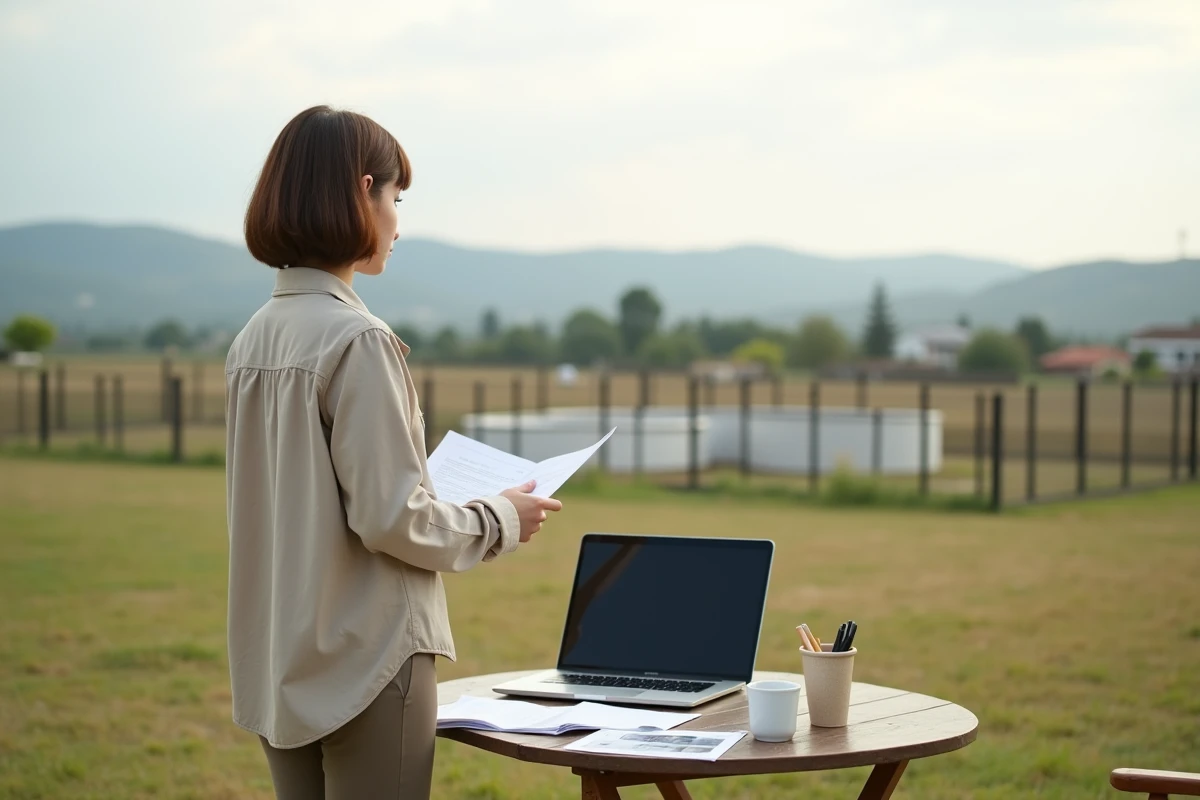 Jeune architecte avec documents sur un terrain en extérieur