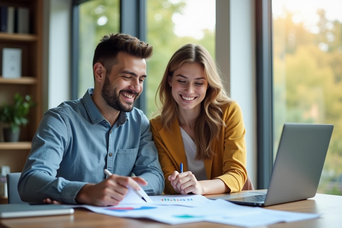 Jeune couple souriant avec agent immobilier dans un bureau lumineux