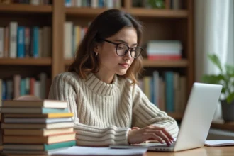 Jeune femme en bureau lisant sur son ordinateur