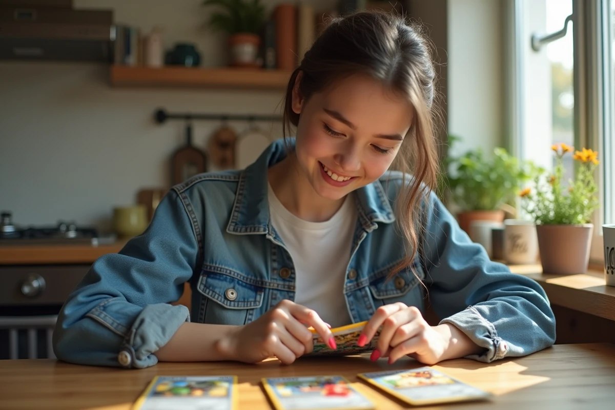Jeune femme assise à une table triant des cartes Pokémon rares