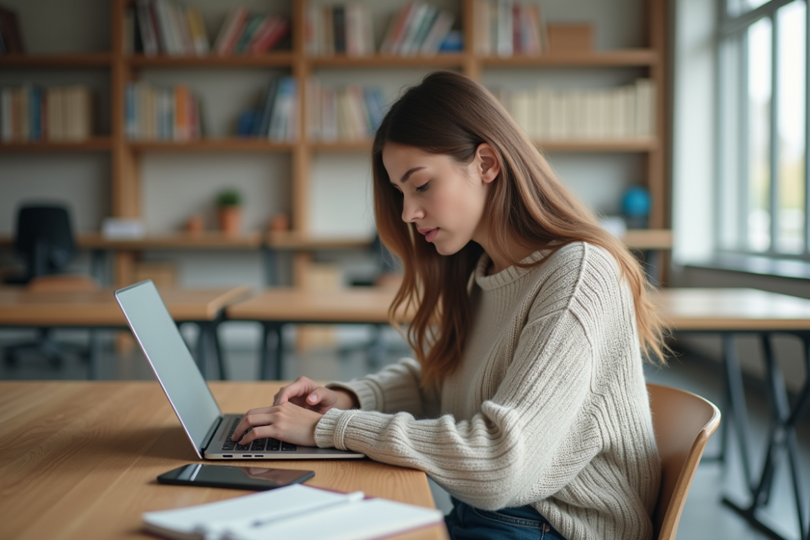 Jeune femme concentrée en étude dans une bibliothèque universitaire