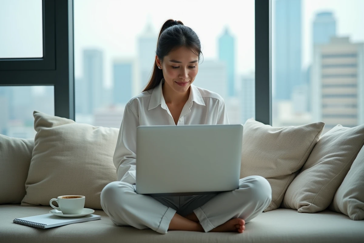 Jeune femme lisant un guide comparatif de sites en ligne sur son ordinateur portable dans un salon minimaliste