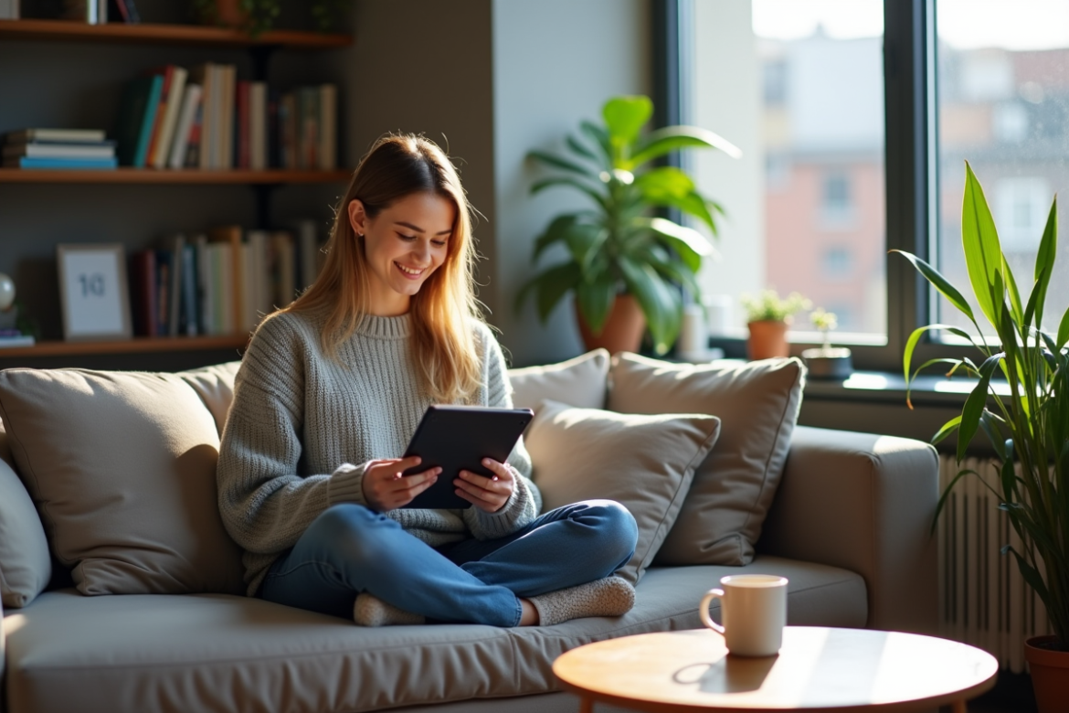 Jeune femme lisant un ereader dans un salon lumineux