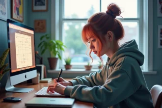 Jeune femme concentrée à son bureau avec ordinateur et posters anime