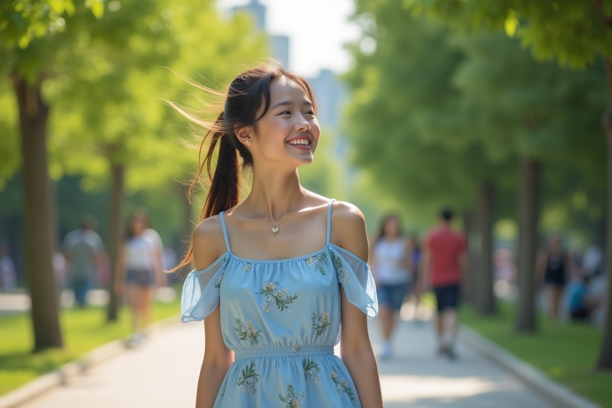 Jeune femme en robe fleurie dans un parc urbain