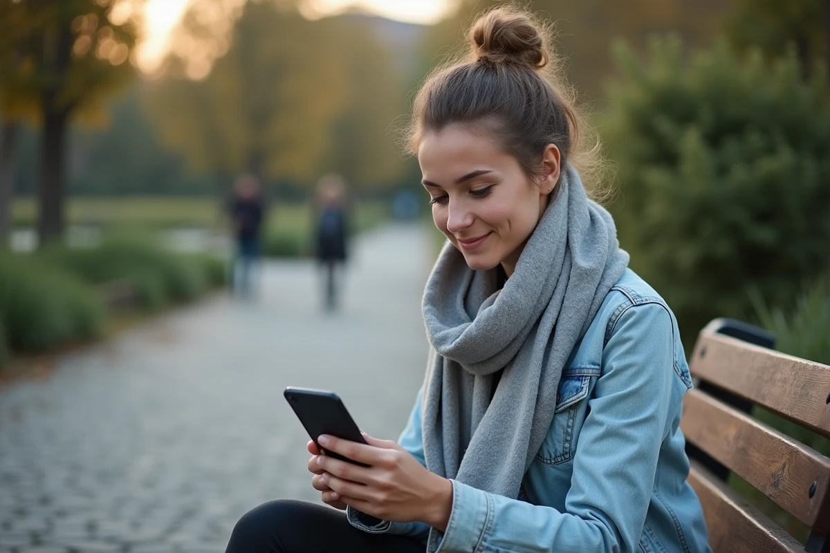 Jeune femme souriante avec veste en denim dans un parc urbain