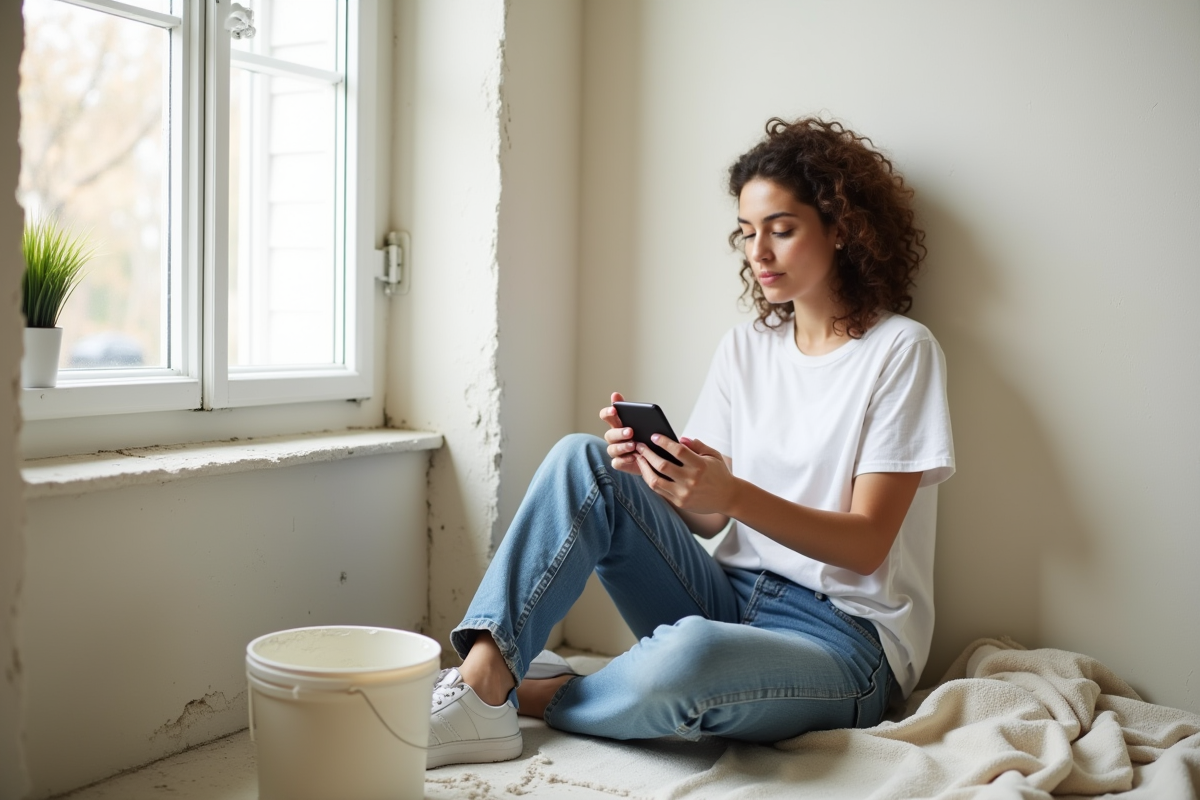 Jeune femme vérifiant le temps de séchage du plâtre dans la pièce