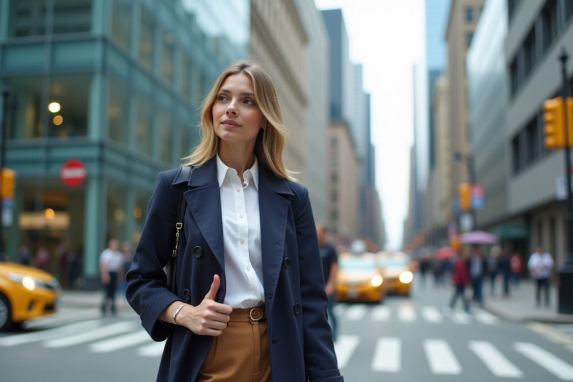 Jeune femme élégante en trench dans une ville animée