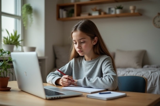 Jeune fille concentrée sur son ordinateur dans sa chambre moderne