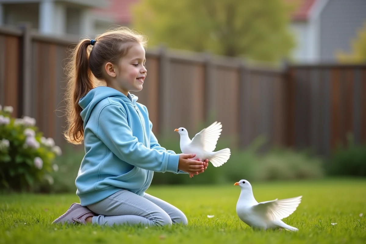 Fille relâchant une colombe dans le jardin printanier