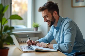 Jeune homme souriant travaillant sur son ordinateur dans un bureau