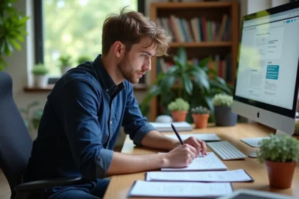 Jeune homme en bureau moderne résolvant calculs électriques