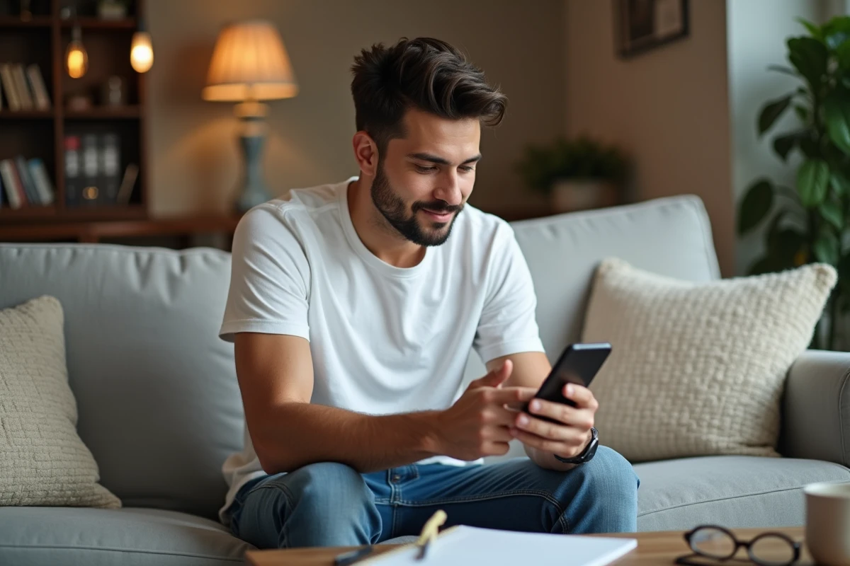 Jeune homme connecté dans son salon pour l