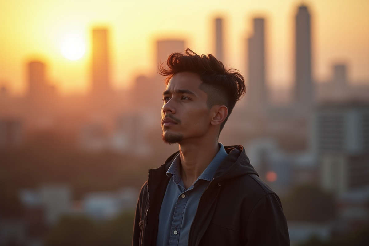 Jeune homme contemplant la ville au coucher du soleil