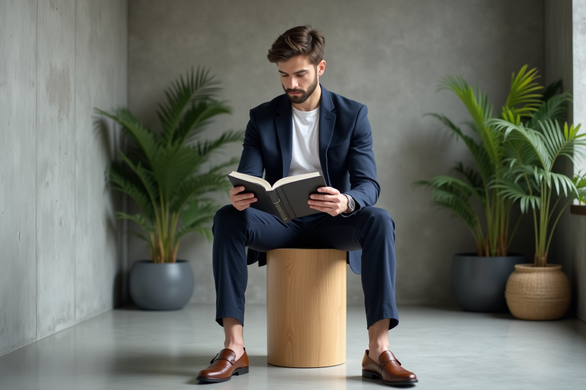 Jeune homme lisant un livre de mode dans un intérieur minimaliste