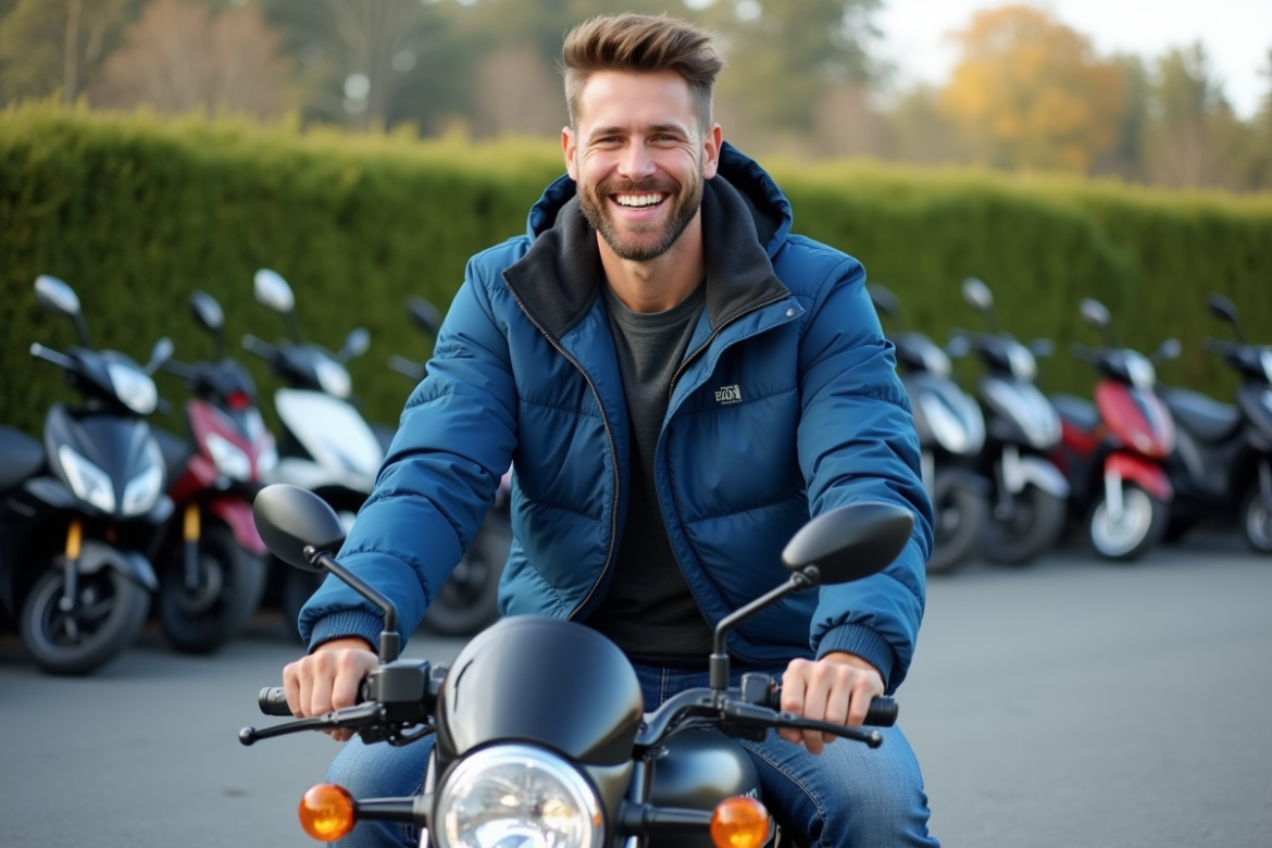Jeune homme souriant sur une moto 125cc en extérieur
