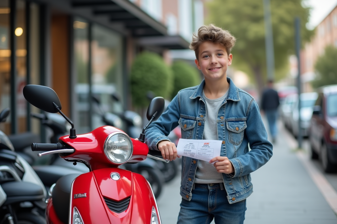 Jeune garçon avec moto rouge et graphique de prix