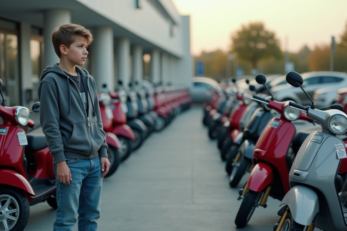Jeune garçon regardant des motos 50cc en concession