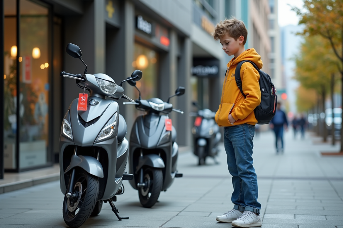 Jeune garçon étudiant deux motos 50cc en ville