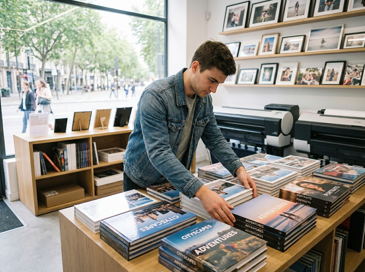 Jeune homme arrangeant des livres photo dans une boutique moderne