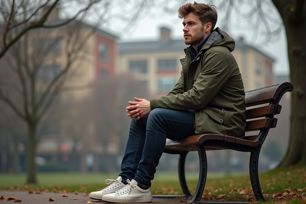 Jeune homme assis sur un banc dans un parc en automne