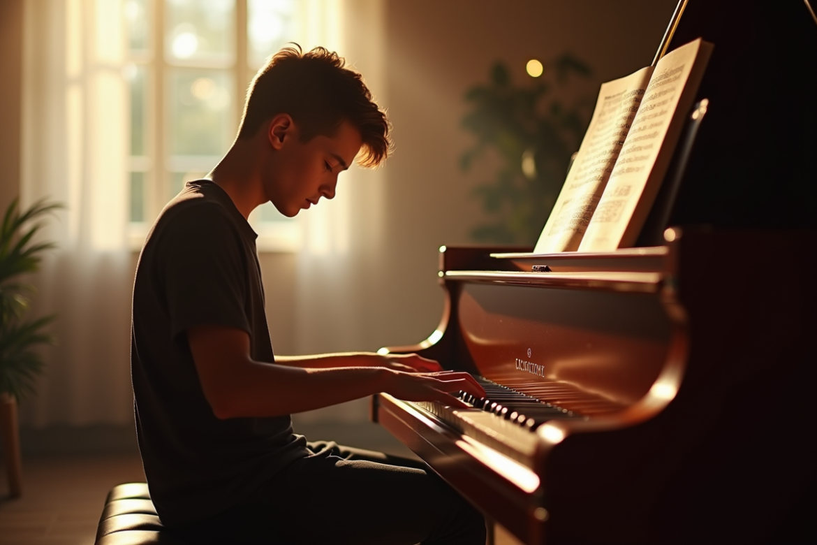 Jeune homme jouant du piano dans un studio chaleureux