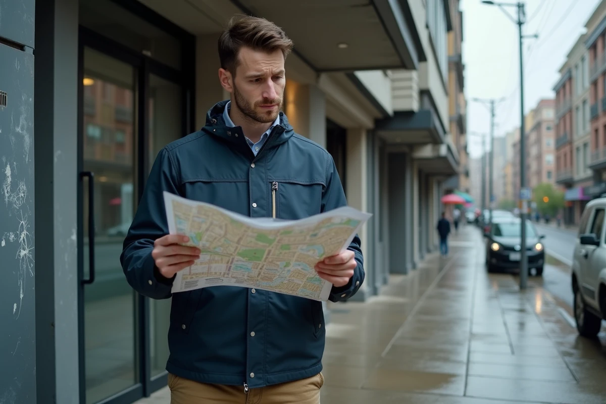 Jeune homme avec carte dans une rue urbaine moderne
