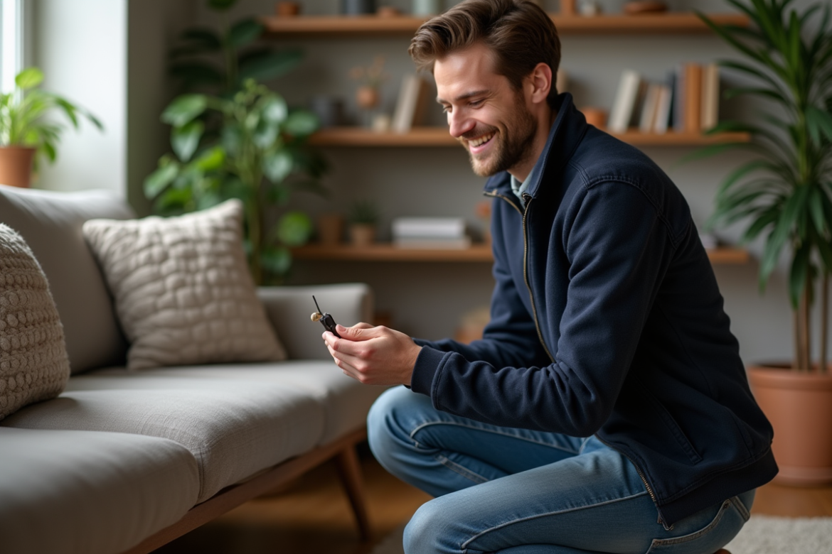 Jeune homme souriant avec un dispositif de suivi de clés