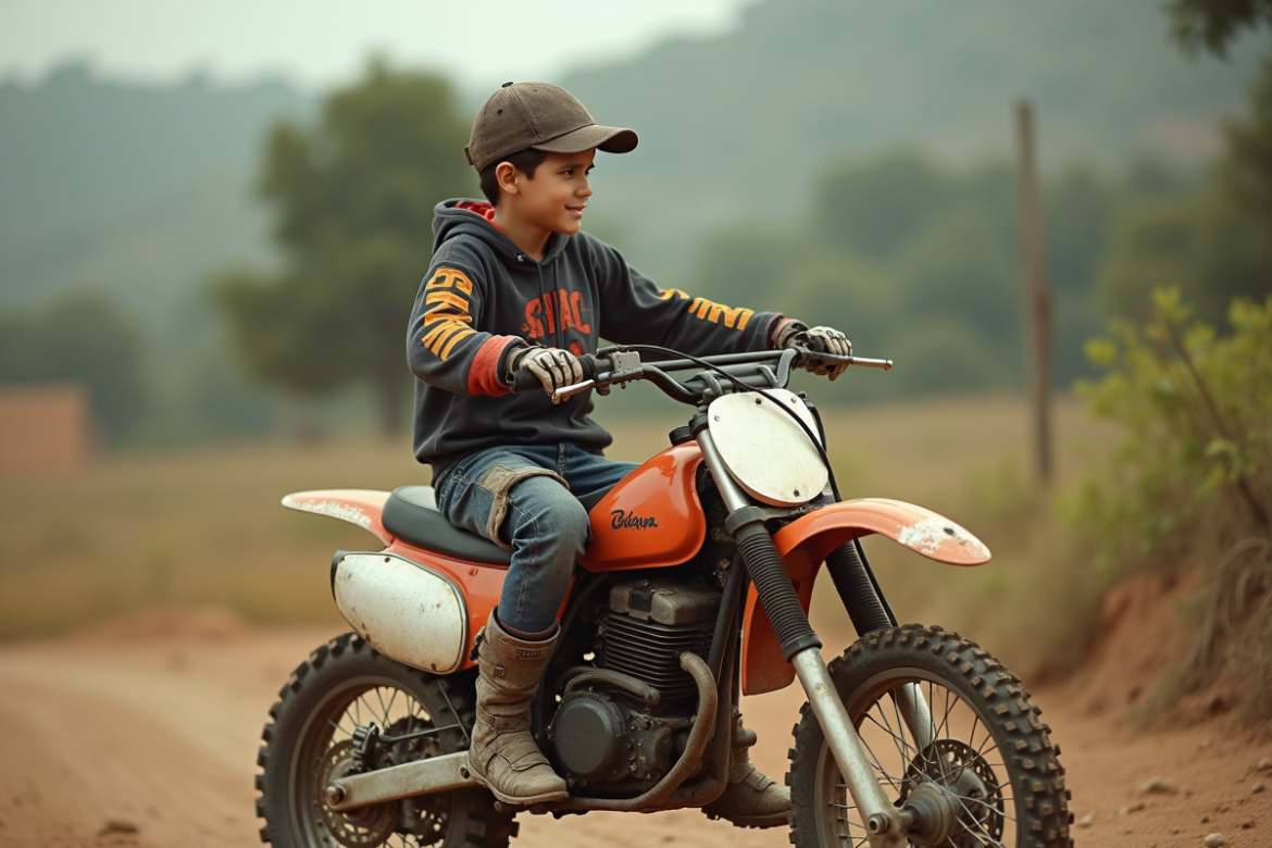 Jeune garçon en équipement motocross vintage sur une moto 125cc