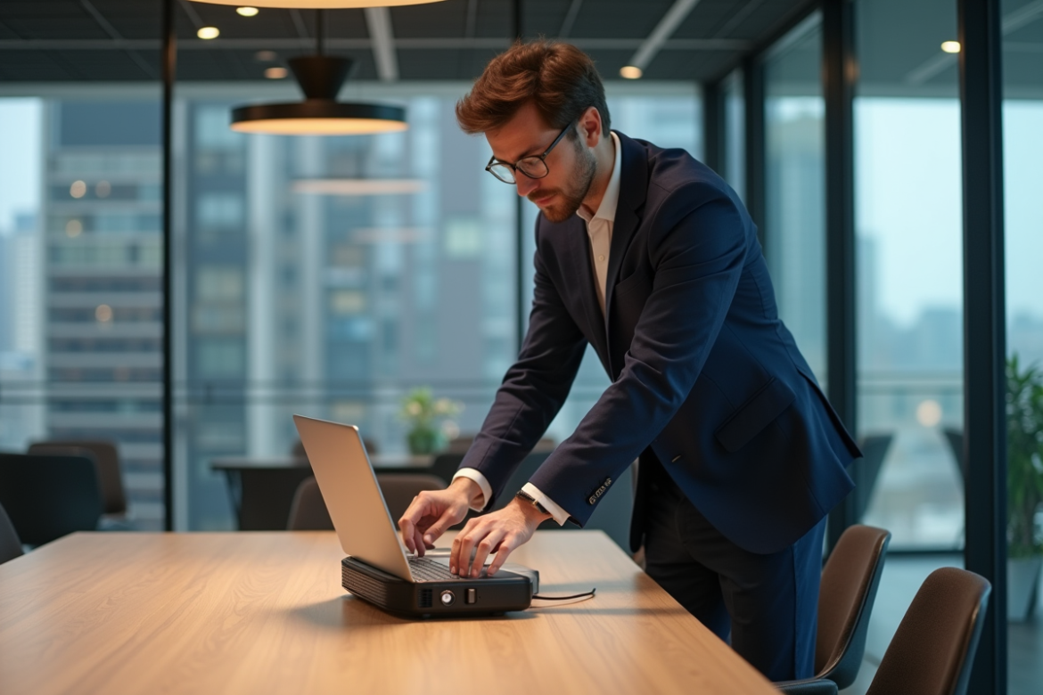 Jeune homme d'affaires avec projecteur portable en coworking
